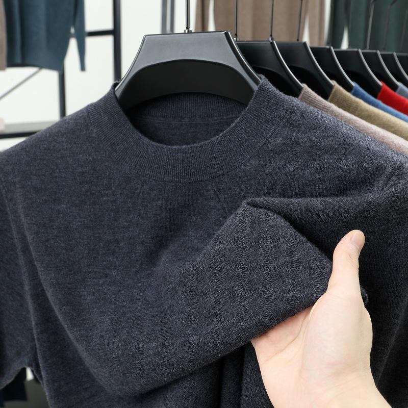 Men's 100% Wool Round Neck Sweater - Solid Color, Long Sleeve, High-End Casual Base Layer for Autumn/Winter