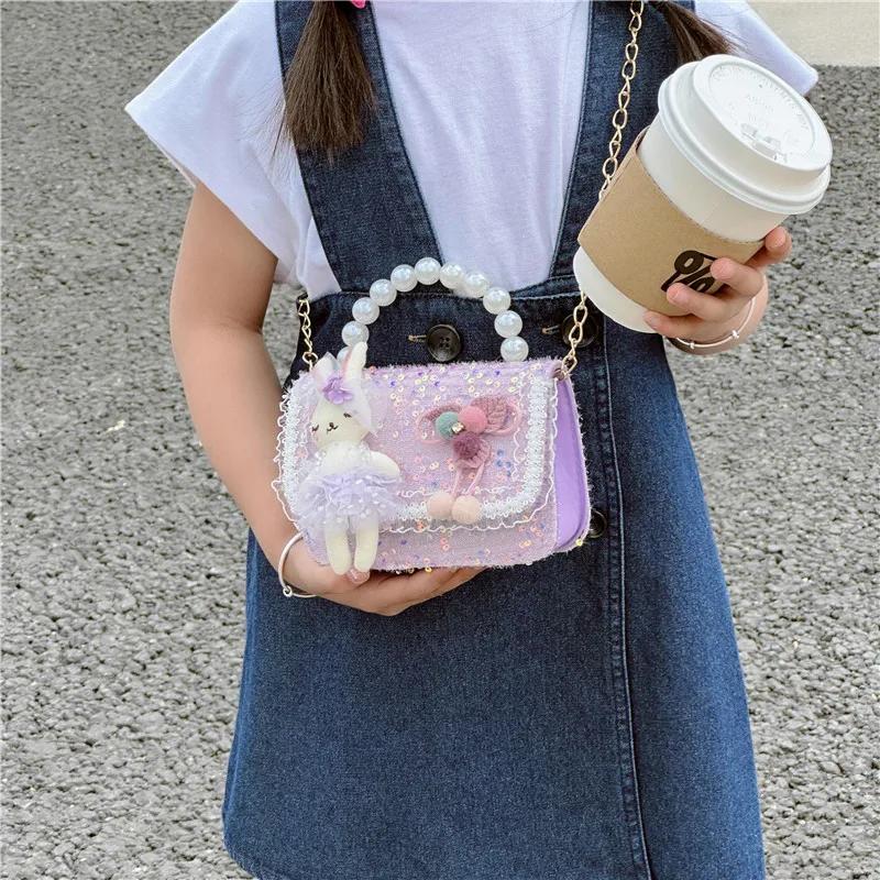 Cute Carto Doll Children's Shoulder Bags Fashi Pearl Handle Princess Girl Messenger Bag Sweet Novel Kid Change Purse Handbag