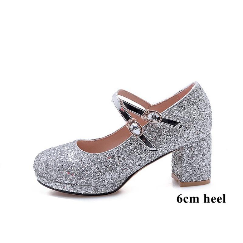 Velikost 33-43 Dámské červené třpytivé zlaté boty na vysokém podpatku, Mary Jane lodičky s dvojitým přezkovým páskem, společenské svatební