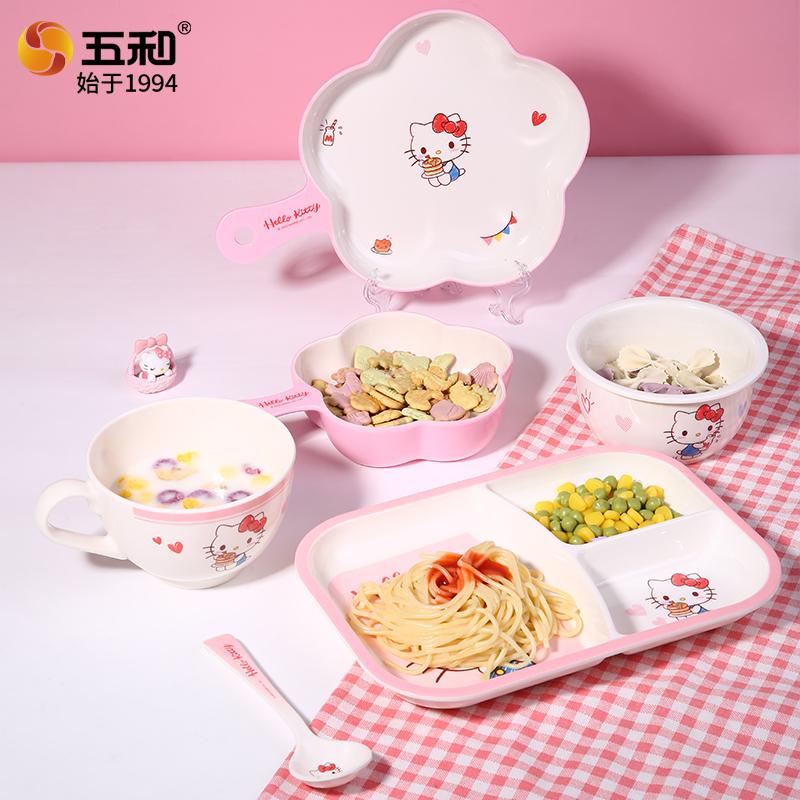 For Sanrio Hello Kitty Tableware Breakfast Rice Bowl Safe and Heat-Resistant Plate Cup Spoon Melamine Tableware for Cutlery Bowl