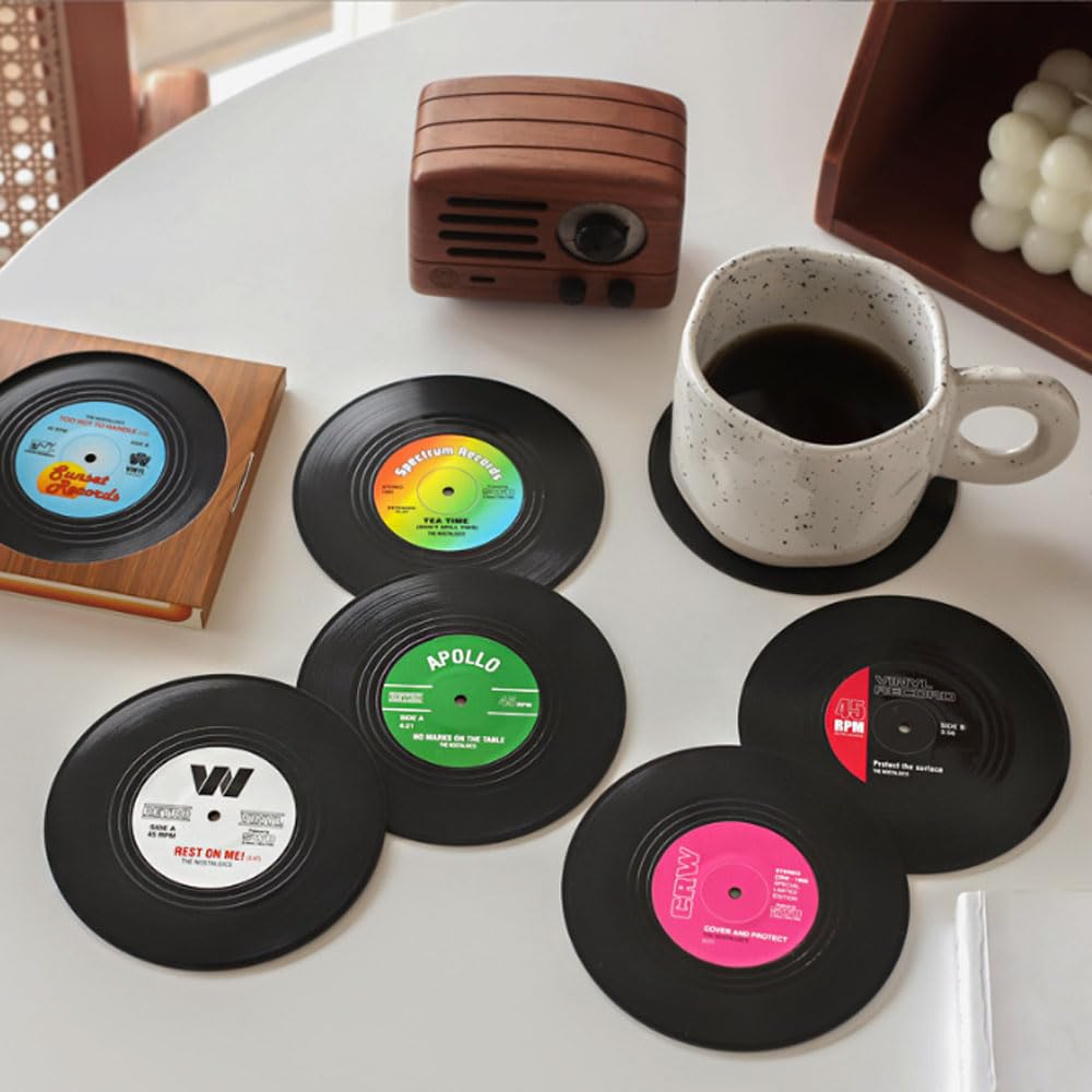 6-piece Set of Retro Black Rubber Record Coasters, Including Teacup Mats, Beverage Coasters, Round Coasters, Heat-insulating Mats, Non-slip Mats,