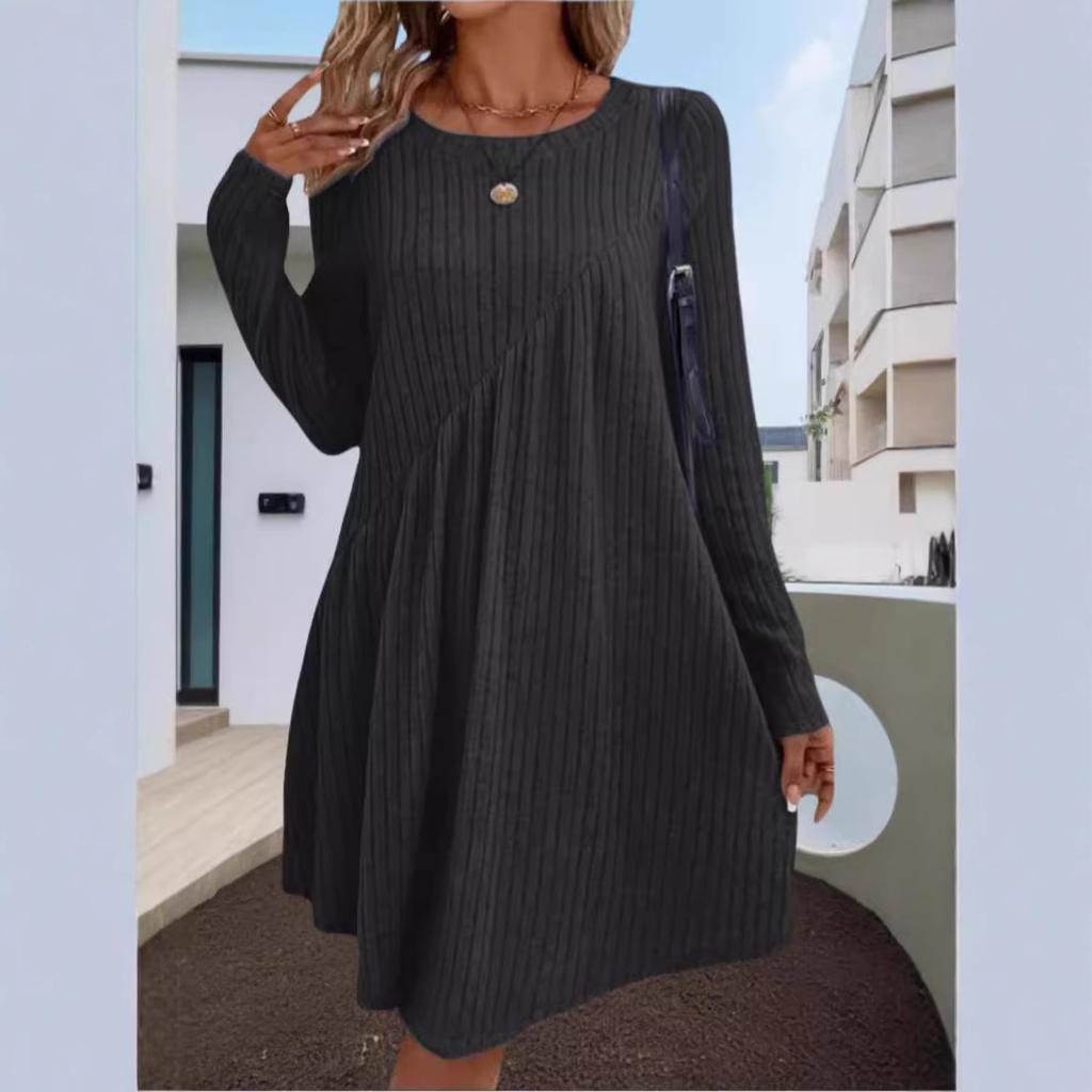 Women's Long Sleeve Knit A-Line Dress with Vertical Stripes