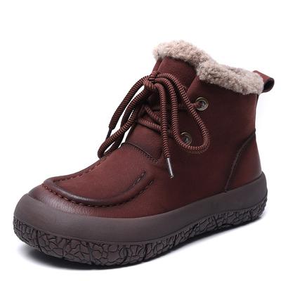 Women Genuine Leather Short Boots Chunky Platform Autumn Winter Flat Warm Ankle Boots For Women Warm Wool Fur Lady Ankle Boots