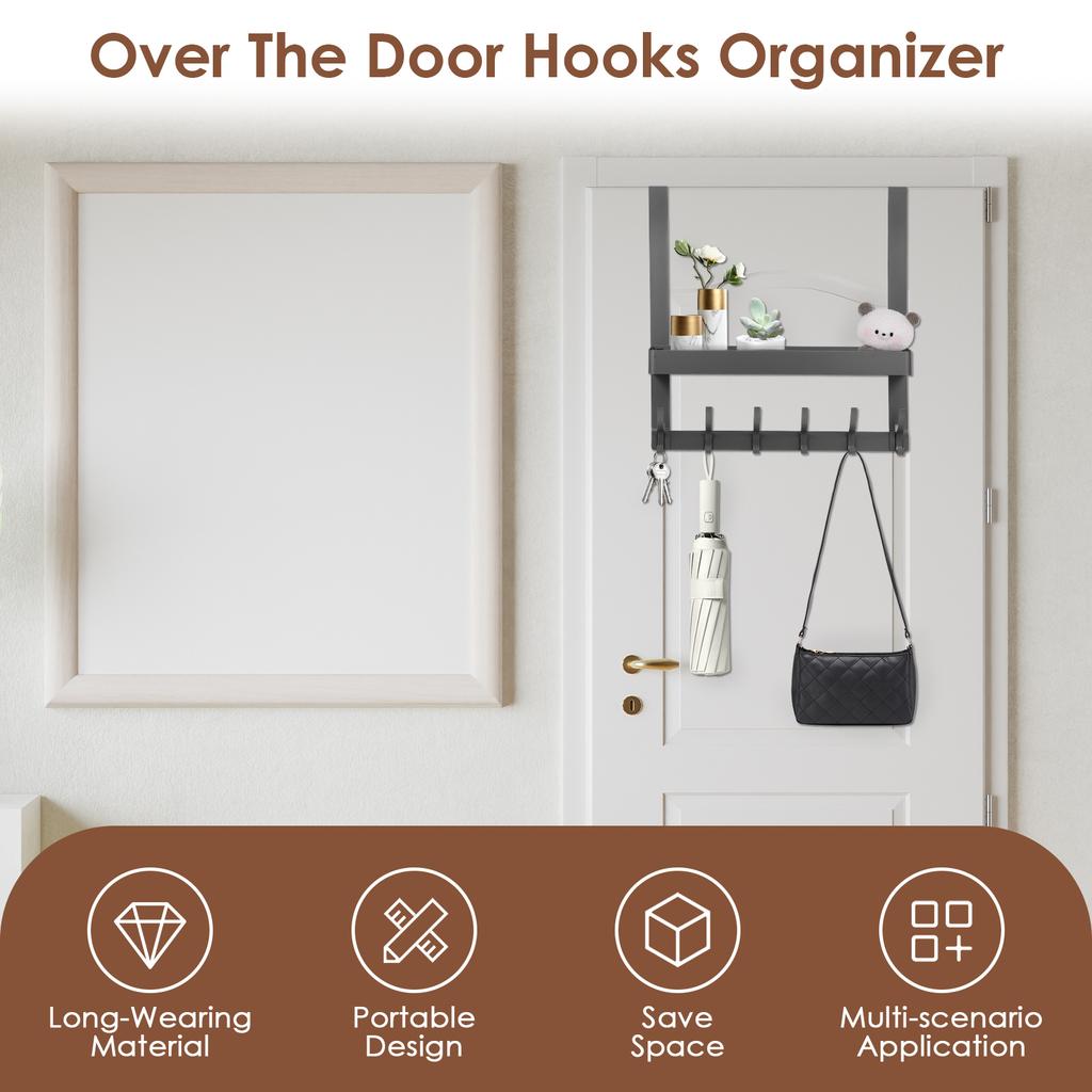 2Pcs Over the Door Organizer with 6 Hooks Aluminum No Drill Storage Rack Multi Purpose Clothes Hanger for Wallet Key Towel Coats