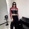 Womens PU Leather Biker Jacket Short Crop Top With Color Block Design Stand Collar Streetwear