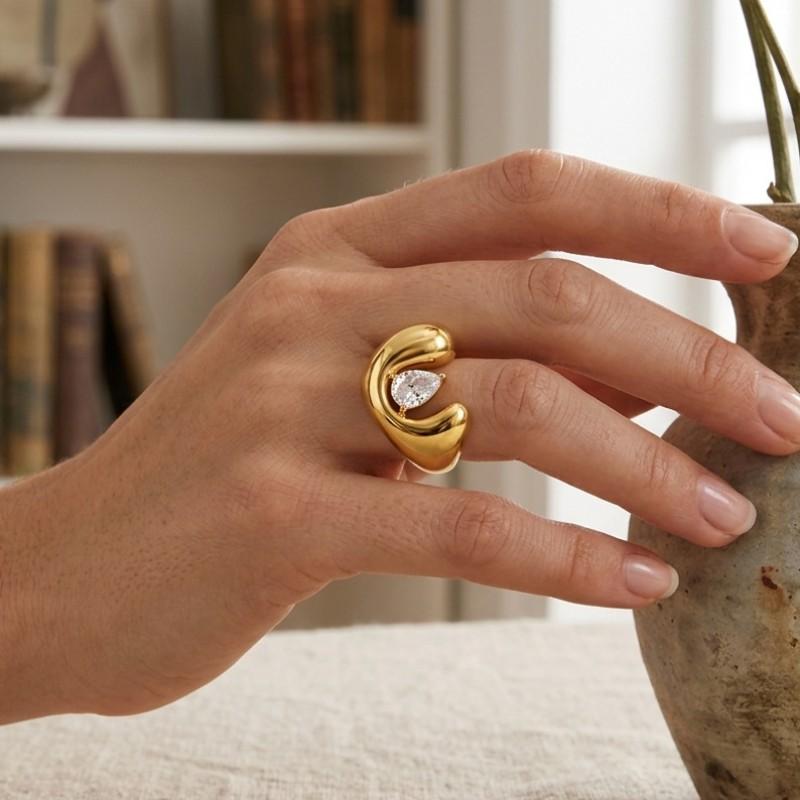 Stainless Steel 18k Gold Zircon Ring Hypoallergenic Fashion Jewelry Women