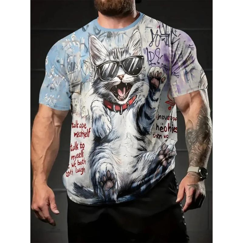 Summer Men's Cat 3D Printed Crew Neck T-Shirt Fashion Versatile