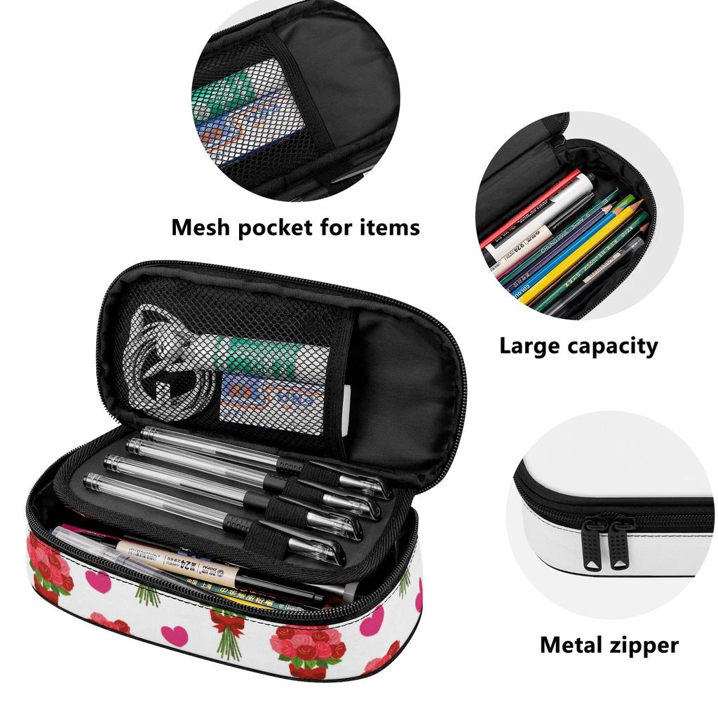 Pen Case Printed Strong Polyester Fabric Zip Around Closure with Mesh Pocket Removable Divider and Pen Slots for School and Study