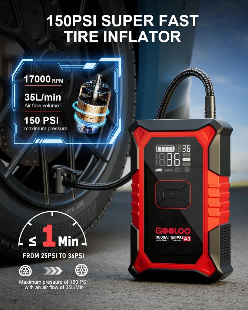 A3 3000A Jump Starter with Air Compressor, 150PSI Tire Inflator, 12V Lithium Car Booster
