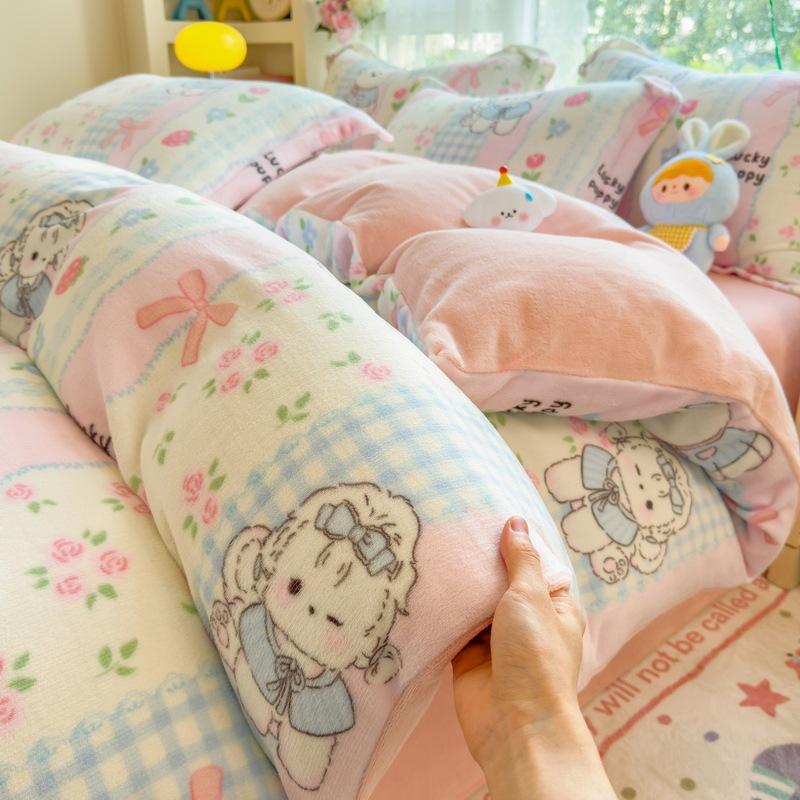 Thickened Milk Fleece Four-Piece Set Double-Sided Fleece Quilt Cover Coral Flannel Bed Sheet Quilt Cover Three-Piece Set Of Bed Hat