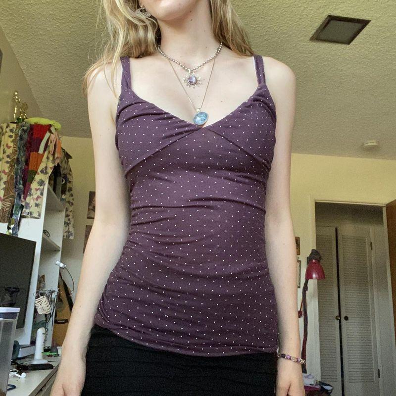 Новый топ-камисоль в горошек, сексуальный фиолетовый топ-майка облегающего кроя с V-образным вырезом для женщин, летний Purple S