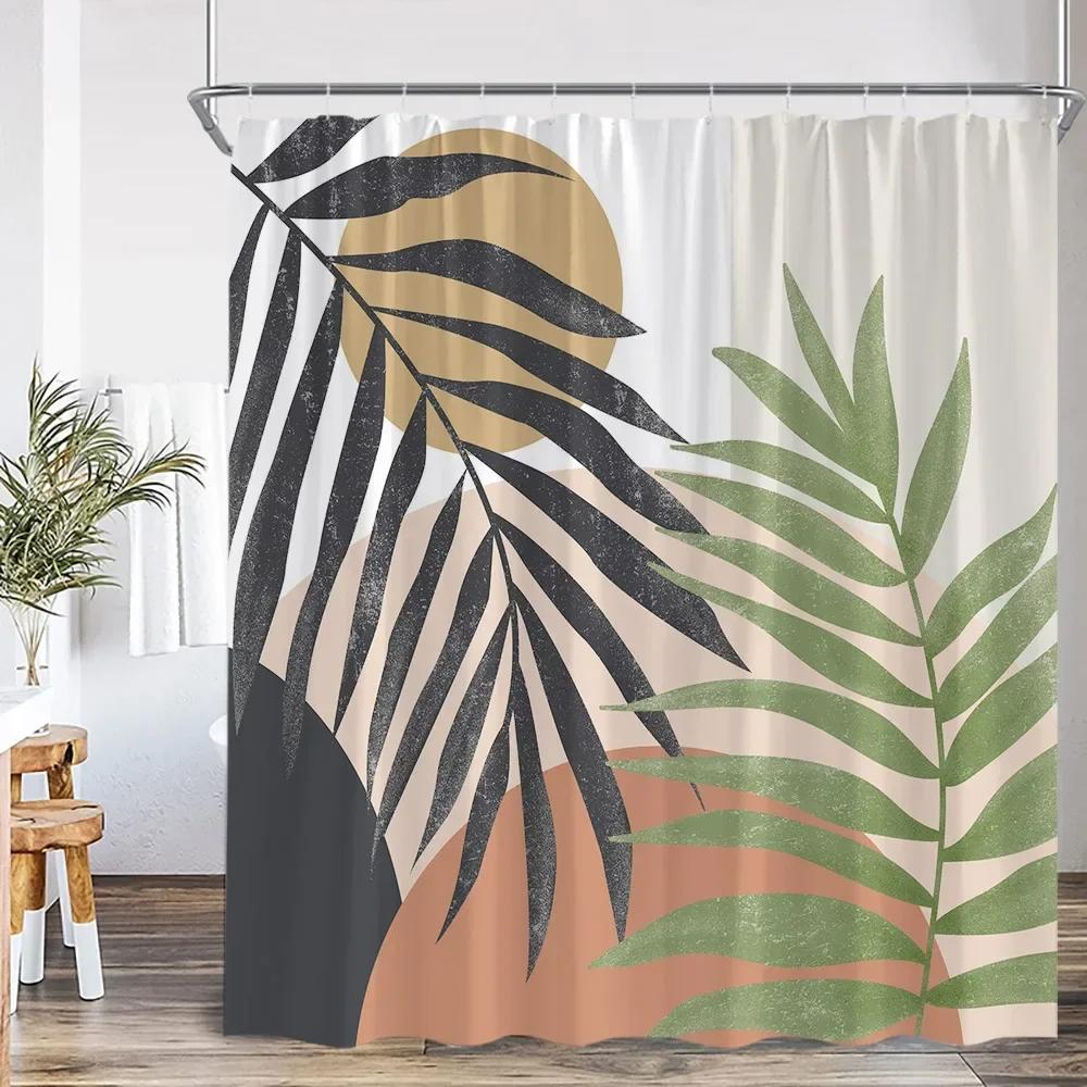 Vintage Abstract Shower Curtain Green Leaf Geometric Nordic Modern Bathtub Decorative Simple Polyester Shower Curtain with Hook