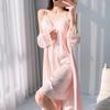 Solid color simple ice silk breathable sexy nightdress summer pure desire wind lace V-neck suspender nightdress jacket two-piece set