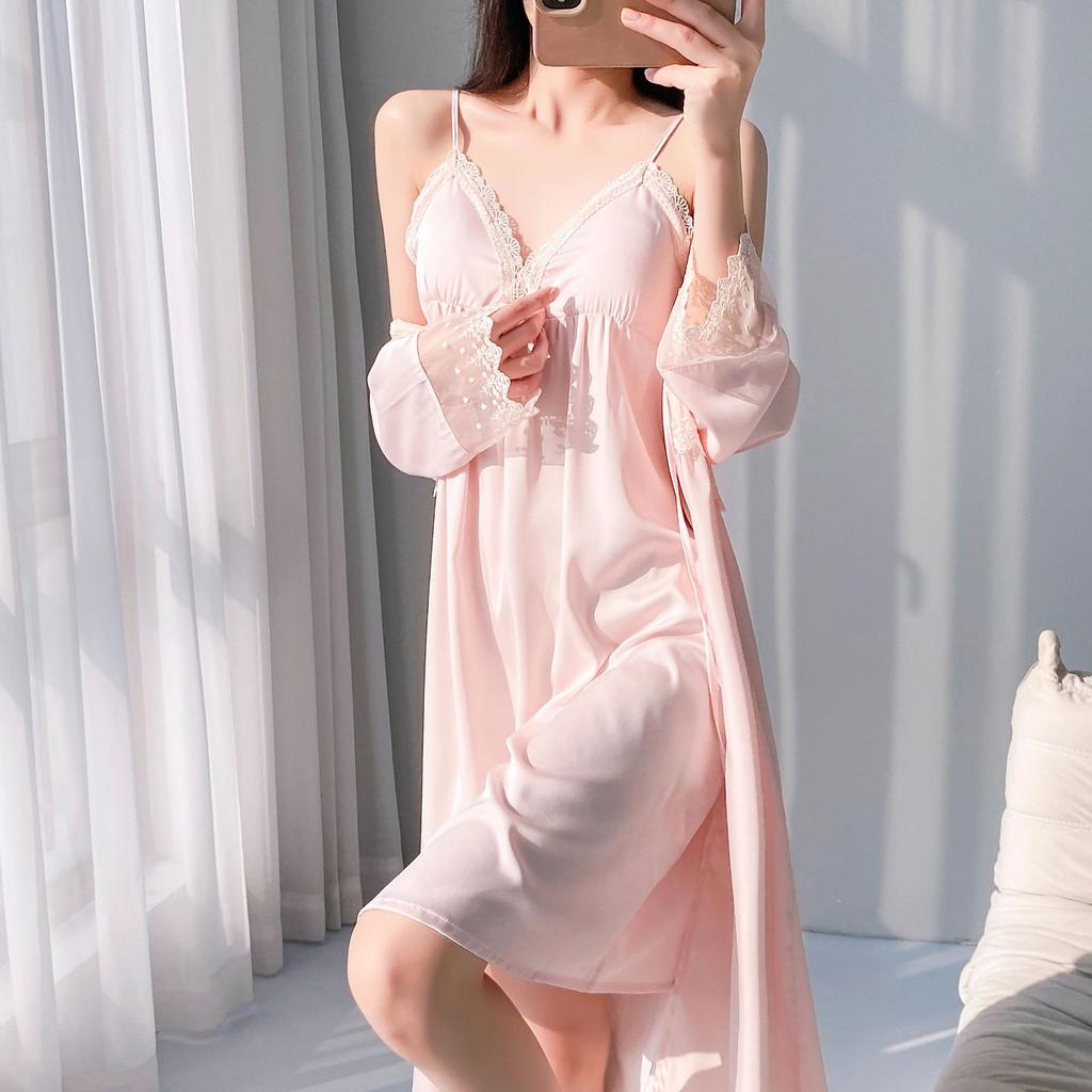 Solid color simple ice silk breathable sexy nightdress summer pure desire wind lace V-neck suspender nightdress jacket two-piece set