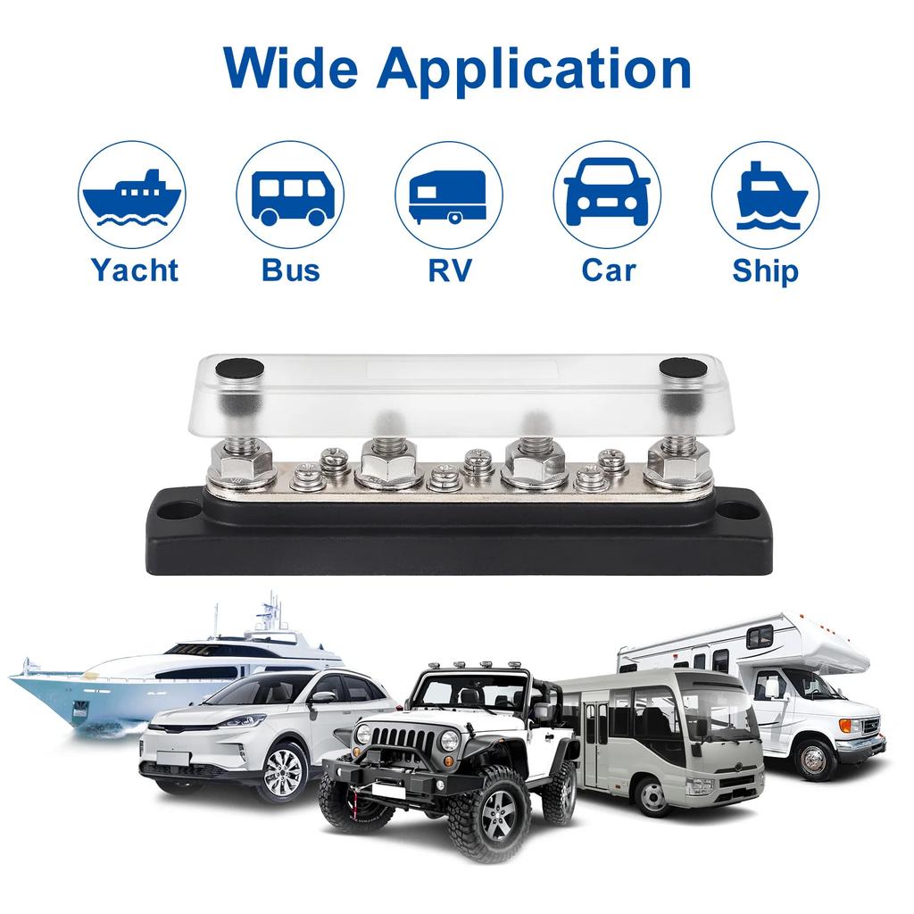 150A 12V-48V 4*M8 New Bus Bar Heavy Duty For Truck Car Black Power Distribution Block Terminal Stud for Marine Boat Truck Yacht