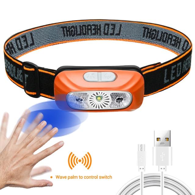 Mini USB Rechargeable Headlamp Motion Sensor Headlight Camping Flashlight Head Light Torch Lamp with Built-in Battery
