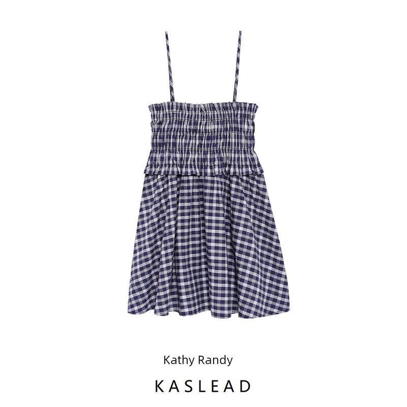 Kaslead New Women Clothes Western Style Simple Retro Blue Plaid Double Purpose Tube Top Suspender Skirt Skirt