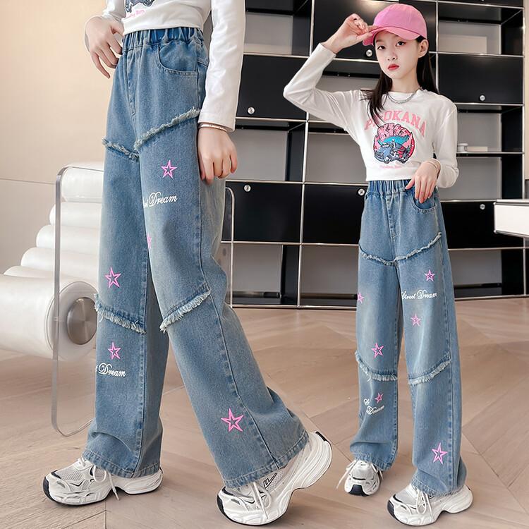 Girls' Jeans Spring and Autumn Fashion Women's Straight Leg Loose Wide Leg Pants Long Pants Loose Printed Pants