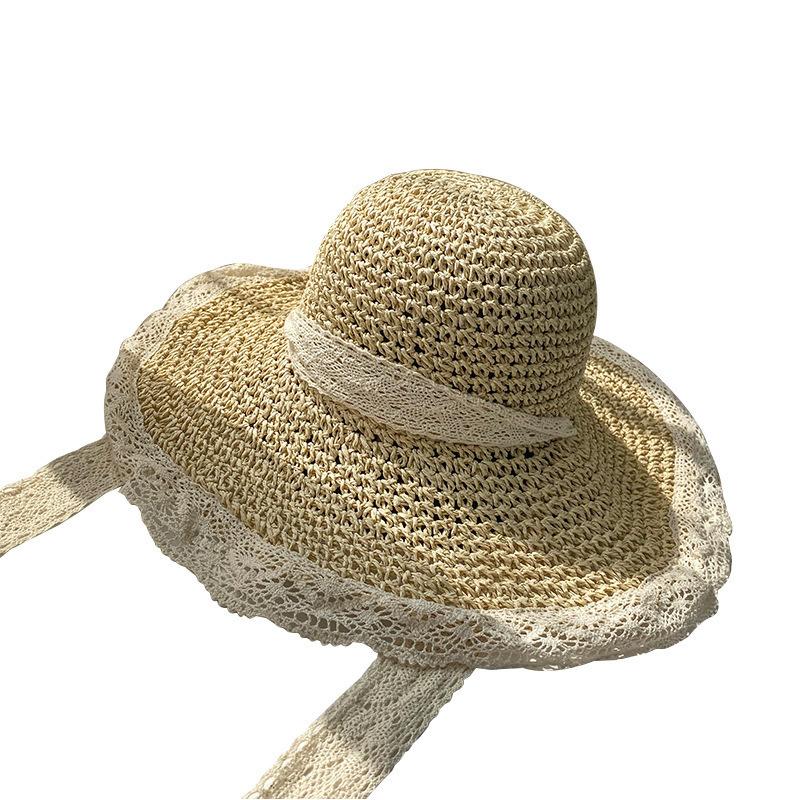 

Summer breathable lace hollow sunscreen hat seaside hat sun hat vacation wind бежевый