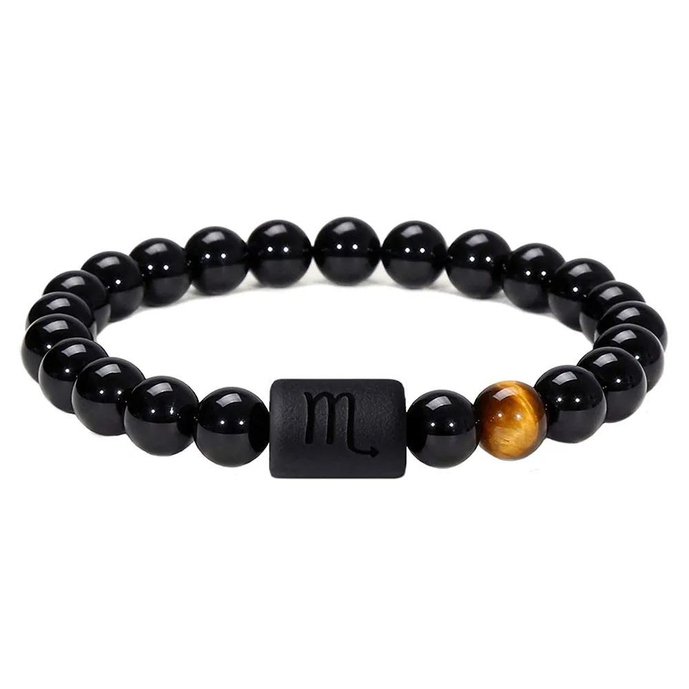 Sternzeichen Armband für Männer 8mm Naturstein Schwarzer Onyx Tigerauge Stein Sternzeichen Konstellation Freundschaft Gebet Segnung Armband Geschenke