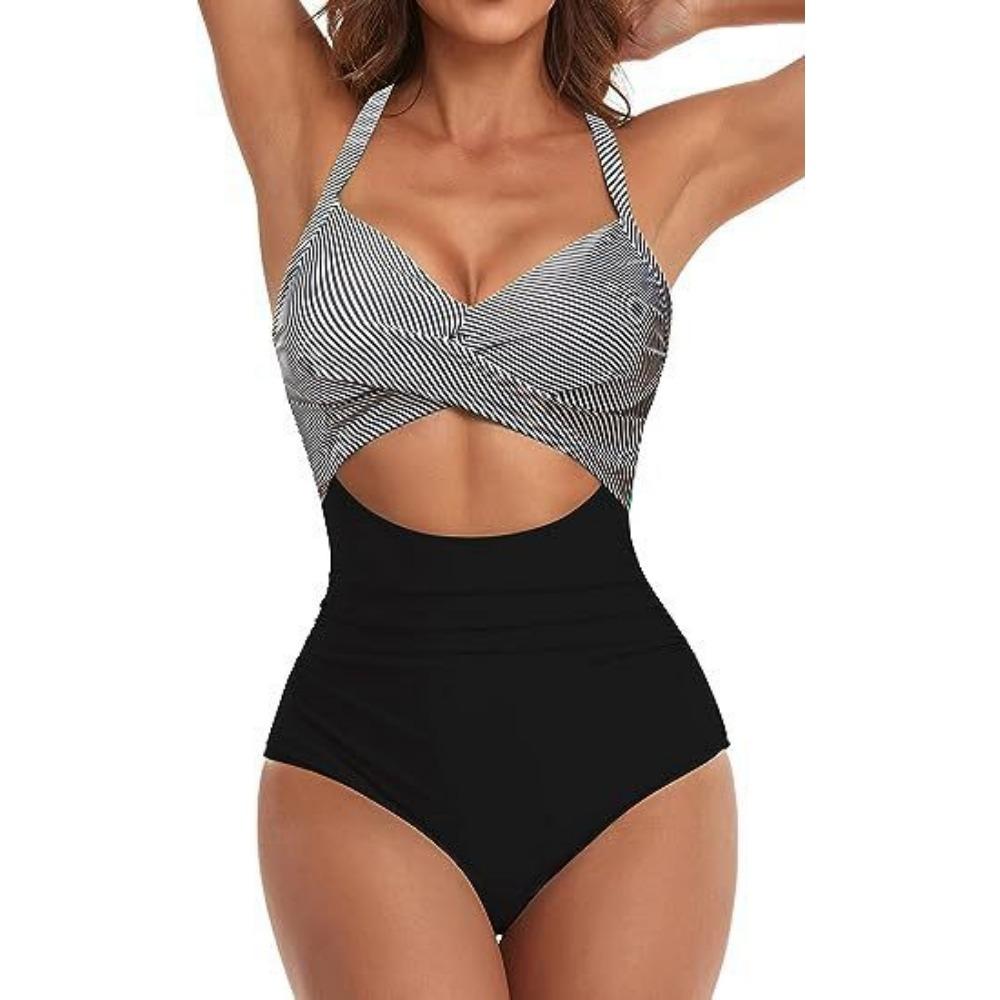 European and American One-piece Hard Bag Swimwear Hollow Solid Color High Waist Tight Swimsuit
