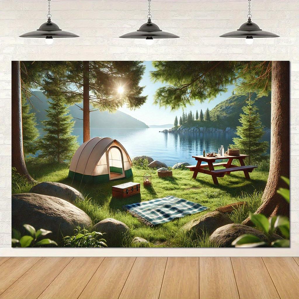 1pc Lakeside Camping Background  Polyester Fiber  Seasonal Decoration  Suitable for Weddings  Birthdays and Anniversaries