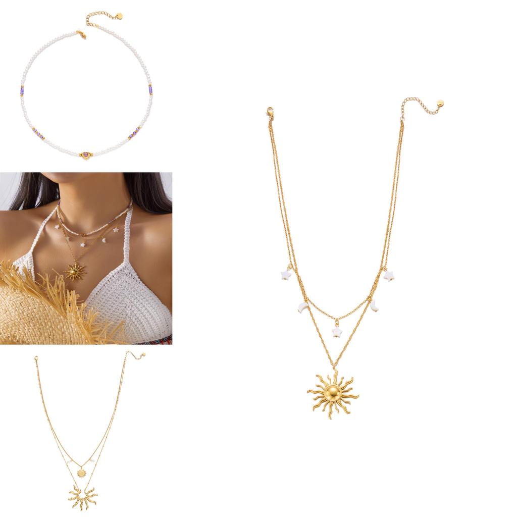 Ensemble de colliers géométriques en acier inoxydable avec cœur en perle et soleil creux pour un style vacances d'été