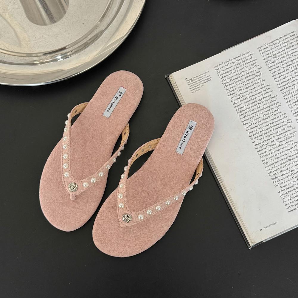 

Роскошные сандалии-шлепанцы с жемчугом и стразами для женщин, летние, брендовые, модные, с открытым носком, нескользящие, удобные, повседневные, пляжные сандалии 40 розовый