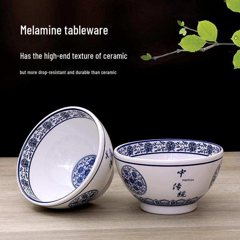 Retro Blue & White Melamine Dinnerware Set: Noodle & Soup Bowls, Plates for Restaurants & Noodle Shops
