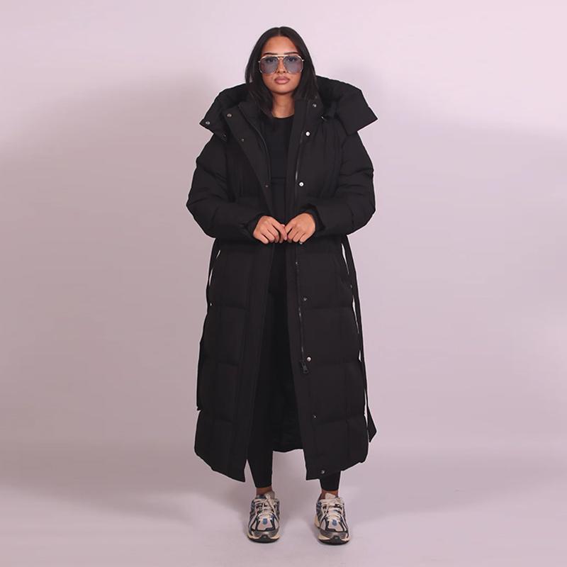 Giacca Lunga Chic da Donna in Cotone con Cappuccio Moda Manica Lunga con Zip Cintura Vita Oversize Cappotto Lady Inverno 2025 Caldo Capospalla