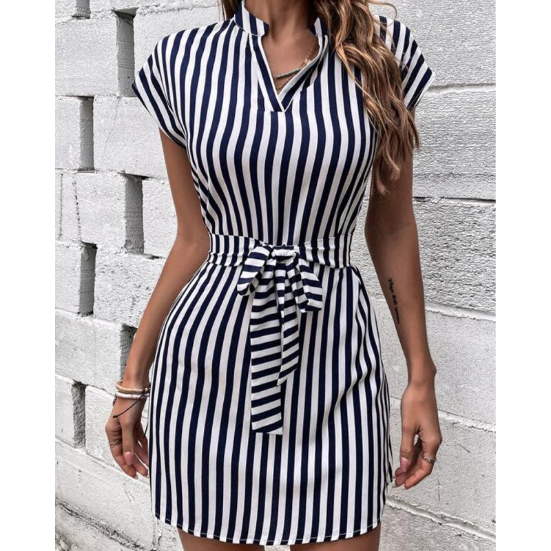 Women's Dolman Sleeve V-neck Striped Lace-up Short Dress