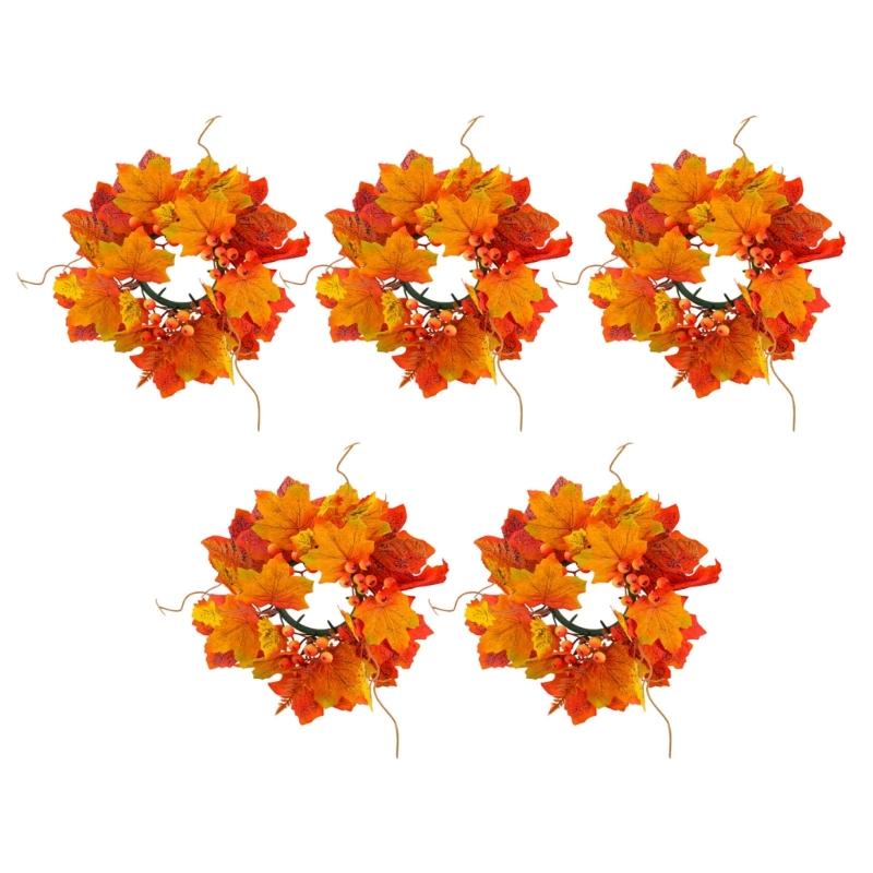 Fall Maple Leaf Candle Wreaths Pack of 5 Tealight Candle Holders Rings for Halloween Parties Table Centerpieces Decors