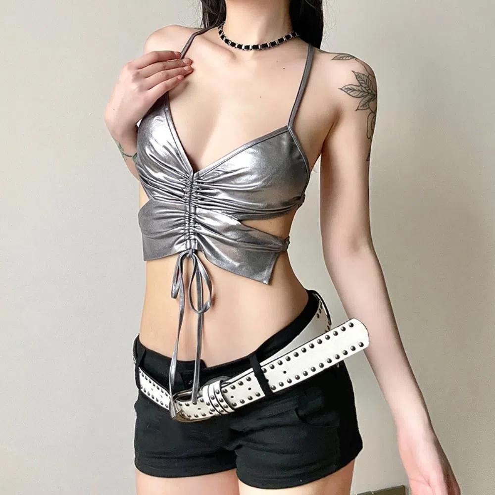 Glossy Punk Butterfly Vest Sleeveless Neck Halter Top Personality Y2K Slim Crop Tops  Female Girl