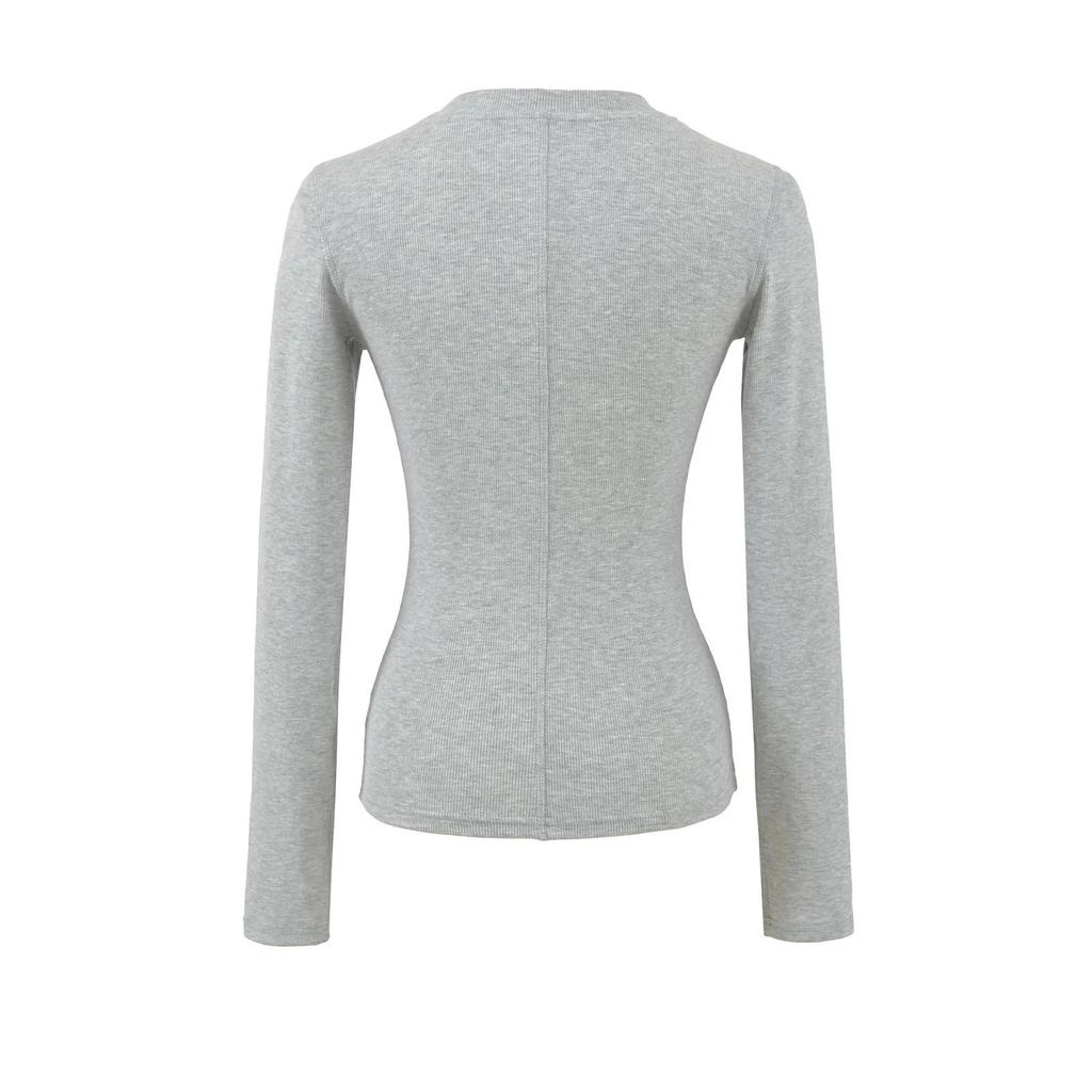 Women's Korean Style Henry Collar Long Sleeve Base Layer T-shirt for Autumn/Winter – Stylish, Stretchy, Basic Top