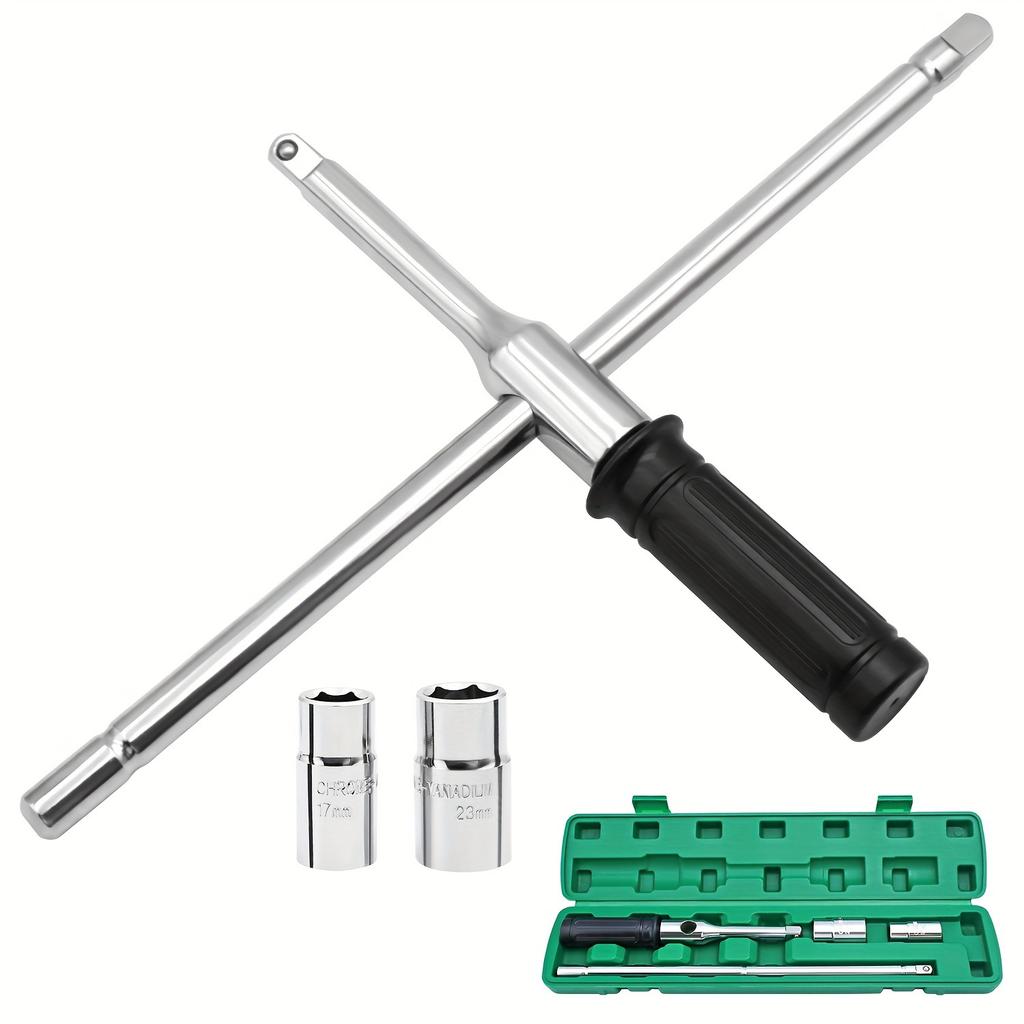 16''Extended Lug Wrench with Blow Storage Case 4 Way Wheel Nut Wrench with Standard Sockets(17mm 19mm 21mm&23mm)Tire Iron Wrench