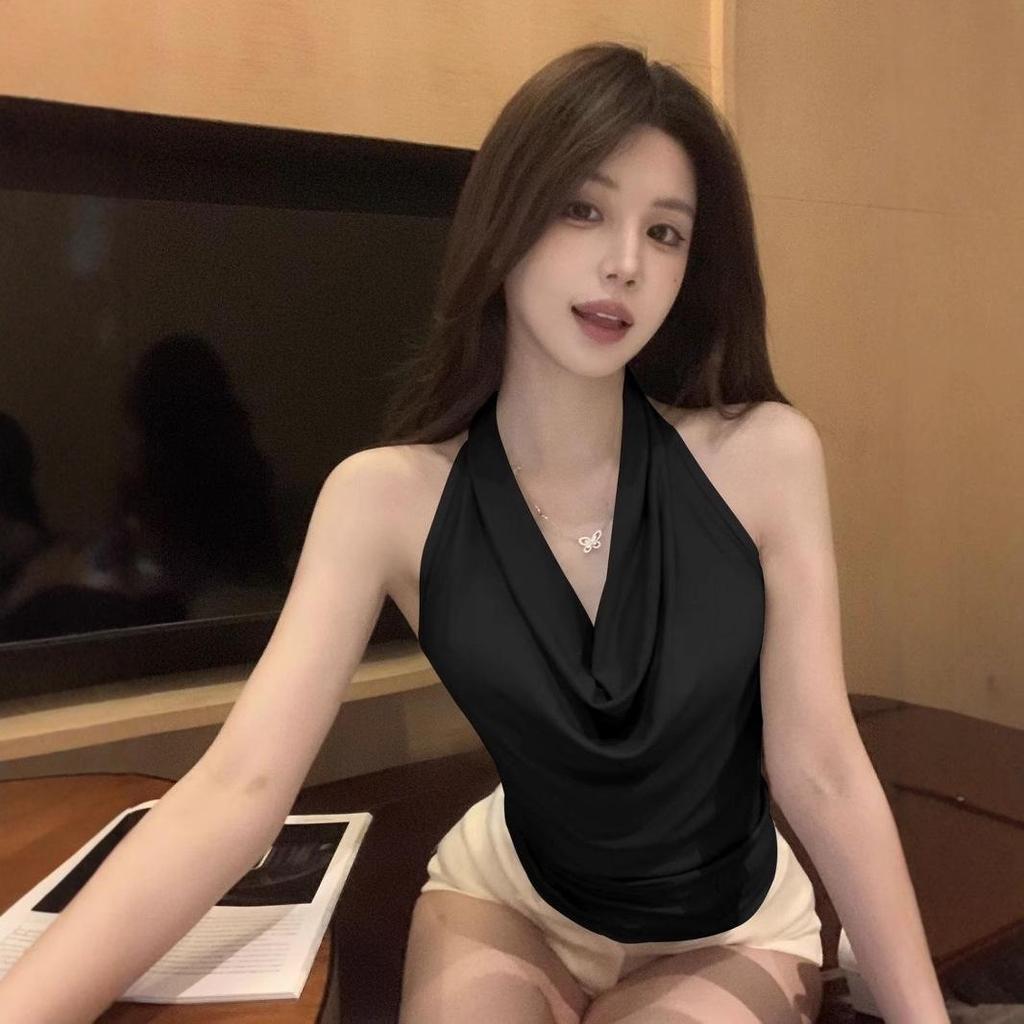 Top Camisola Halter Decote Drapeado Sem Costas Transfronteiriço para Mulheres