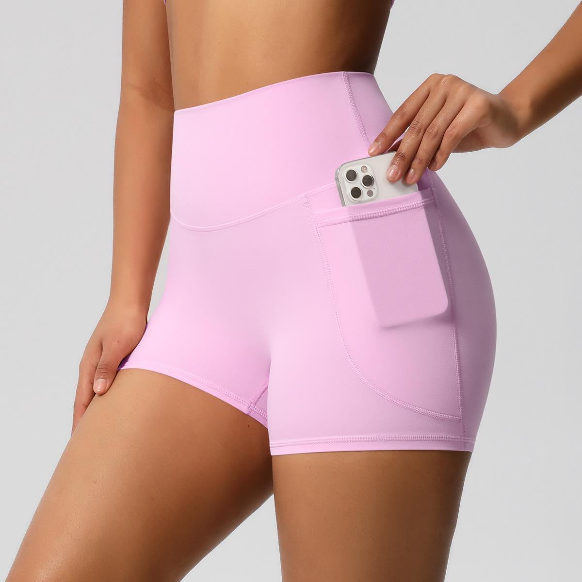 

European and American solid color pocket high waist tight high elastic yoga shorts sports running fitness three-point pants women XL