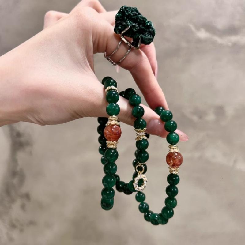 High-end Dark Green Jadeite Bracelet for Women, Natural Red Agate Crystal Beaded Bracelet, Light Luxury