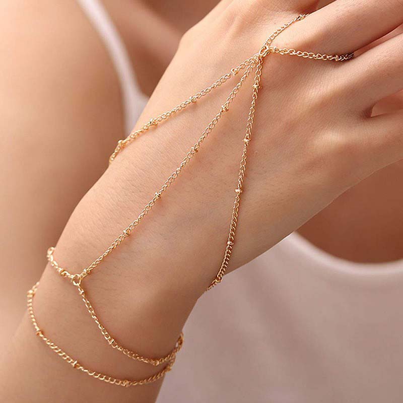 Elegant Tiny Chain Bracelet Finger Ring for Women Fashion Gold Color Metal Link Chains Connecting Hand Harness Bracelets Zircon