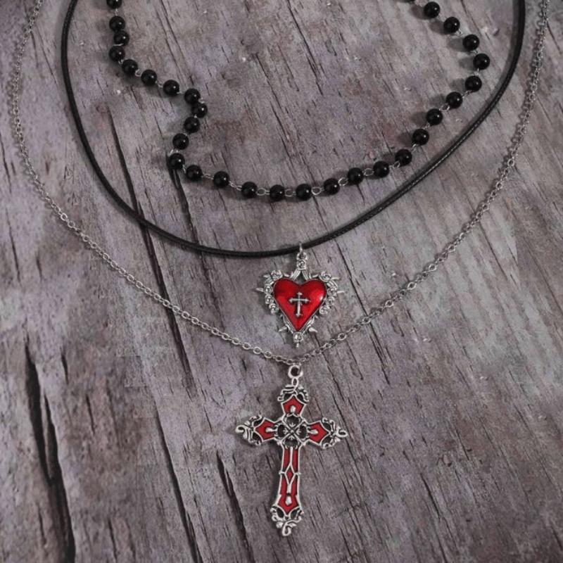 Gothic Heart Shaped Cross Pendant Necklace Set Women'S Punk Style Y2K Accessories Personalized Jewelry Gifts