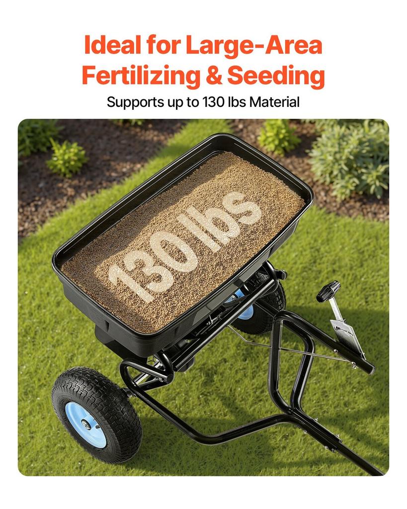 Tow Behind Broadcast Spreader, 130LBS Capacity, Tow/Push Garden Spreader with 13 In Tires, 30 Adjustable Setting & 9.8 Ft Spreading Width, Lawn