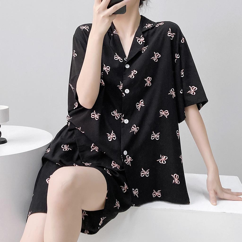 Summer cotton silk pajamas women's thin short-sleeved cardigan cute bow can be worn outside artificial cotton loungewear set
