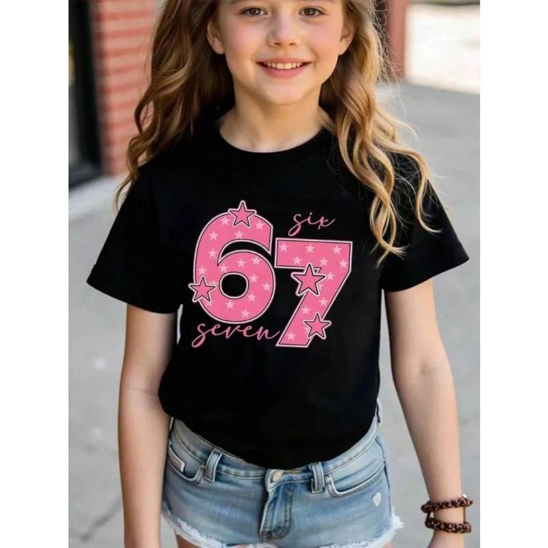 Children's 67 Christmas Elf Print Girls Short Sleeve Round Neck Tee Parties Casual Wear Comfort Children Clothes Girl Clothing