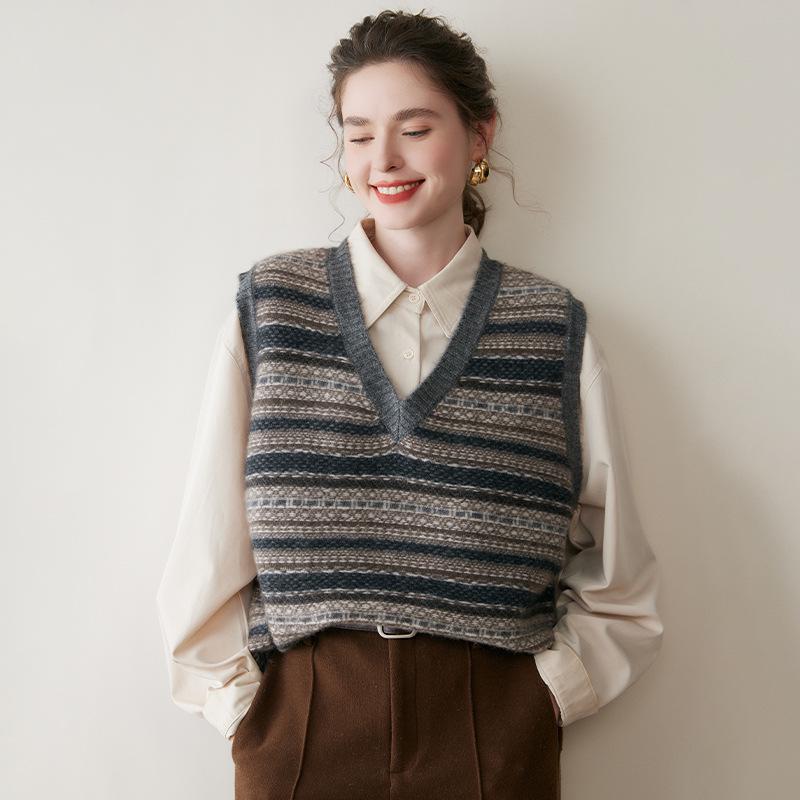 Women's Retro Color Block Cashmere Vest - 2025 Spring/Autumn V-Neck Sleeveless Knit Pullover