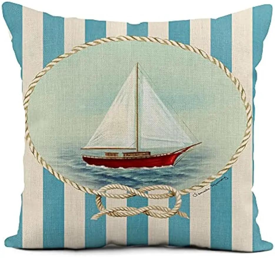 Linen Throw Pillowcase Lighthouse Sailing Sea Shell Home Dcor Pillowcase Square Cushion Cover Sofa Cushion Cover 45X45
