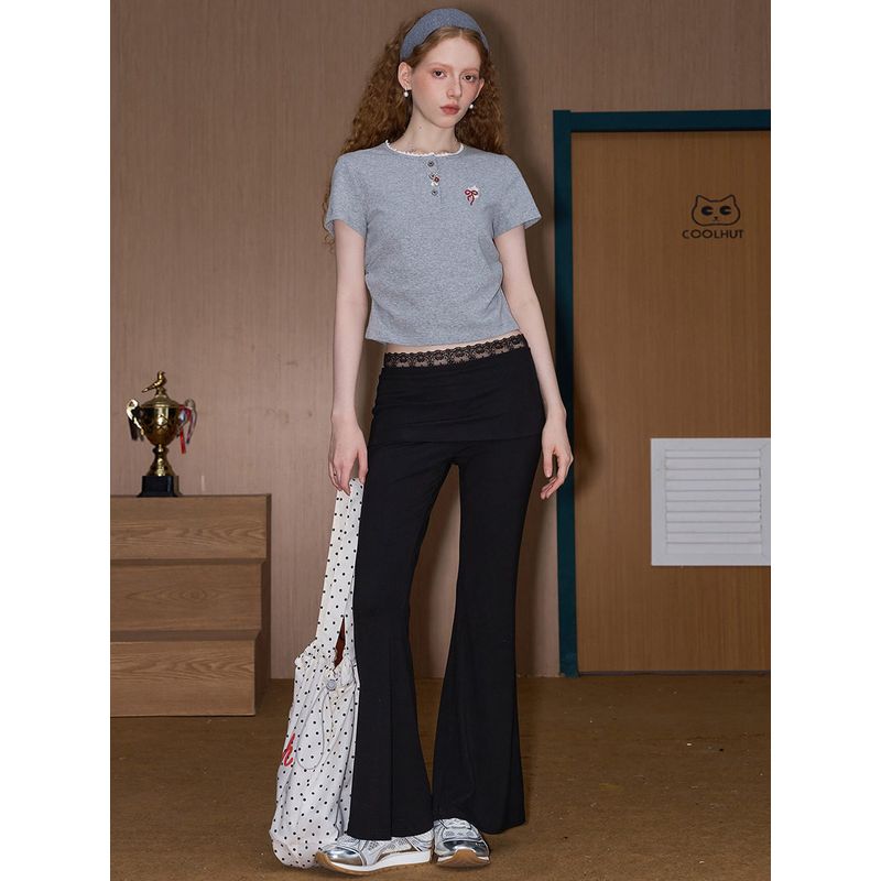 Coolhut Lace Splicing Draped Flared Black Slim-Fit Versatile New Fashion Slimming Women's Casual Pants