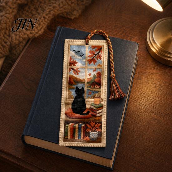Vintage Style Bookmark DIY Stitch Kit for Adults Beginners, Seasonal Cat Retro Handmade Embroidery Kit, Gifts Lovers, Readers Artistic