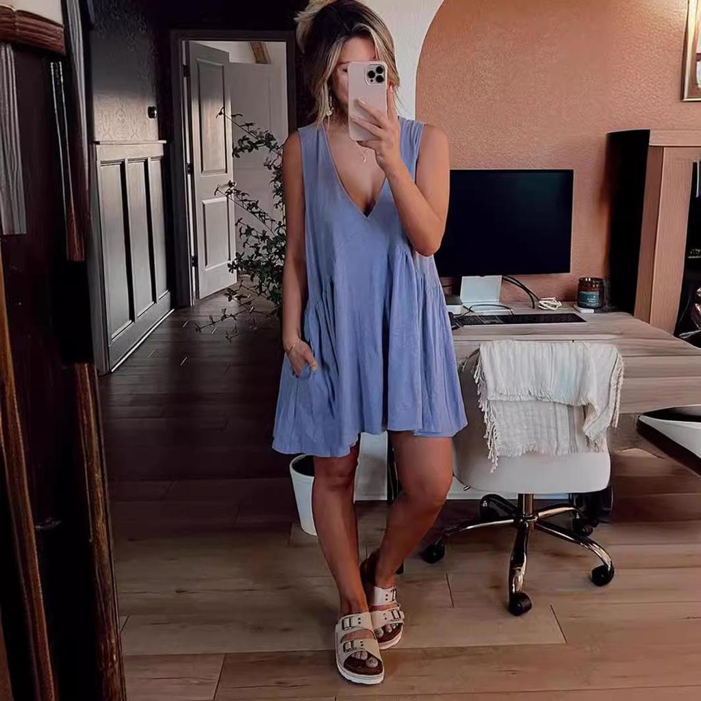 2024 Women's Casual Pleated Vest Dress with Pockets