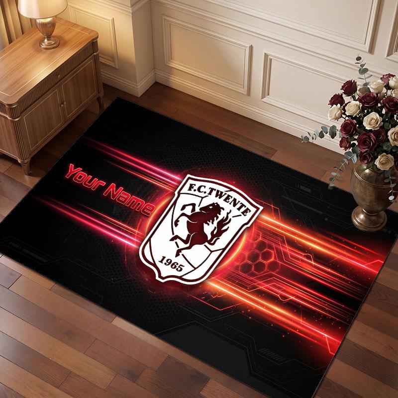 Tappeto in Cristallo di Velluto Personalizzato FC Twente, Stampa Testo Nome Personalizzato, Logo Calcio Morbido Antiscivolo Tappetino per Pavimento Decorazione Casa Regalo