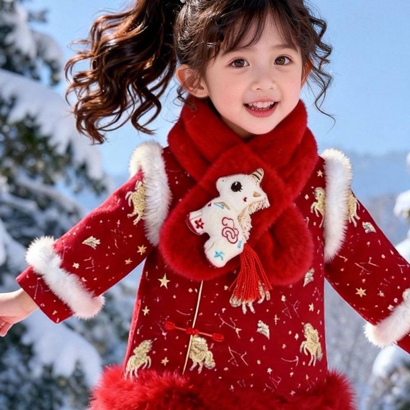 2026 Children's Little Horse Red Plush Winter Scarf - Zodiac Year Warm Anti-Cold Neck Gaiter for Girls